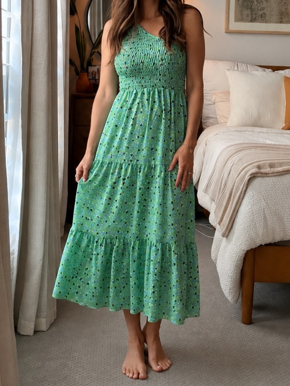 Green Smocked Tiered Maxi Dress